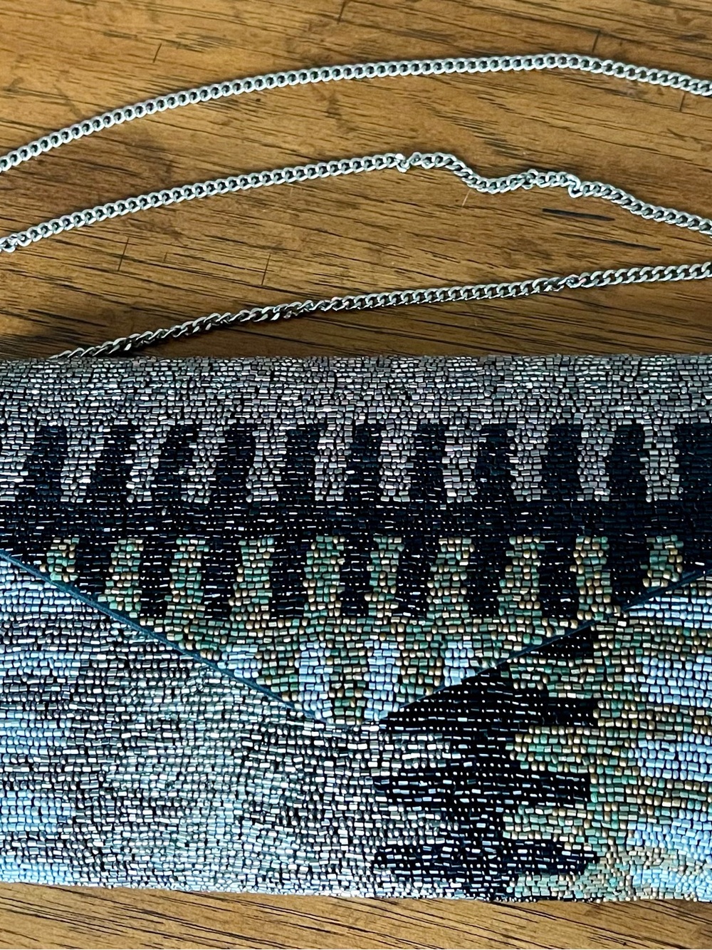 Beaded Envelope Clutch in Black, Silver, Grey, Brown, touches of Mossy Green